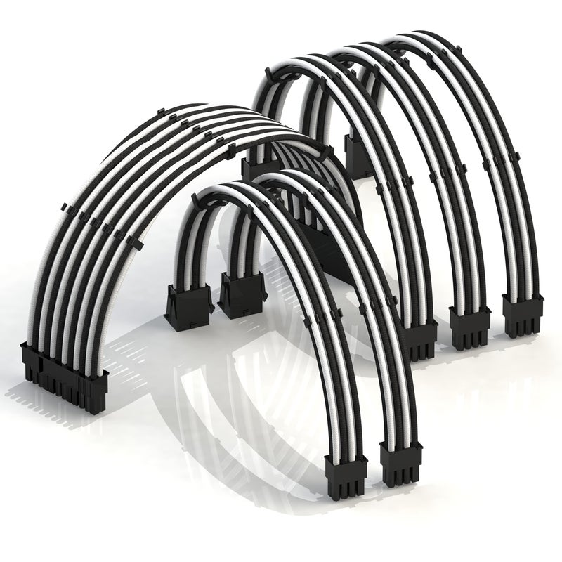 LINKUP - AVA 30cm PSU Cable Extension Sleeved Custom Mod GPU PC Braided w/Comb Kit - Compatible with RTX3090 | 1 x 24 P (20+4) | 2 x 8 P (4+4) CPU | 3 x 8 P (6+2) GPU Set | 300mm - WhiteBlack - Image 1